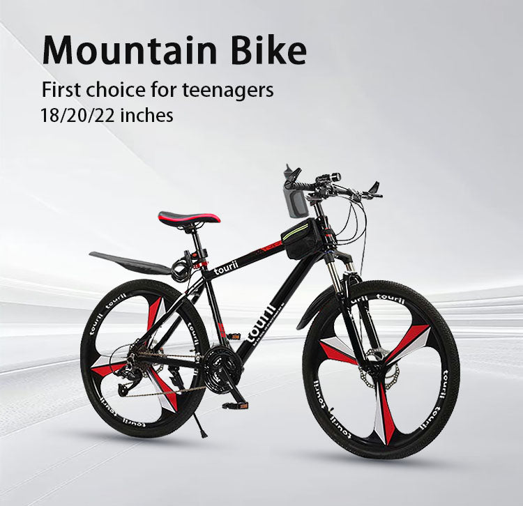 Mountain bike 18/20/22 inch 21 speed dual disc brake shift bike with headlights, suitable for children aged 8-12-15 (black and red)