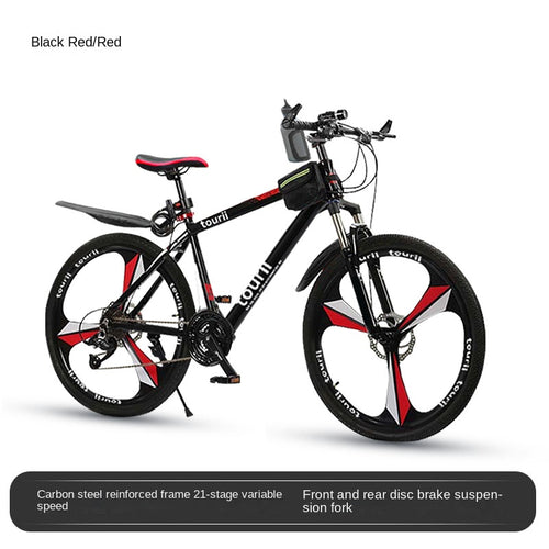 Mountain bike 18/20/22 inch 21 speed dual disc brake shift bike with headlights, suitable for children aged 8-12-15 (black and red)