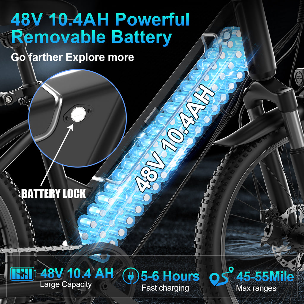 Tourii F26 Adult electric bike, electric mountain bike 1500W peak electric lightweight, 450Wh detachable battery, 25 mph 35 mph, 26 inch all terrain, 7-speed and front suspension