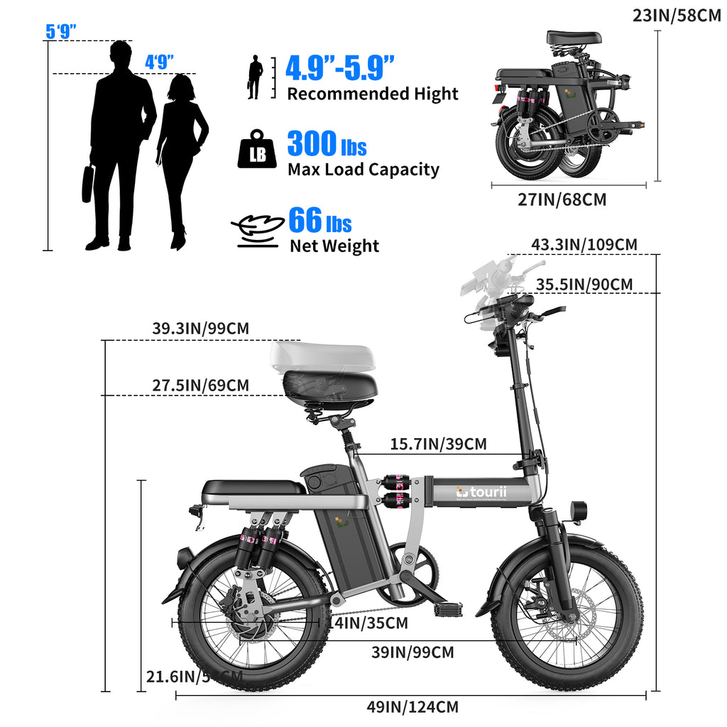 Tourii F12 Black 14 Inch Folding Electric Bicycle