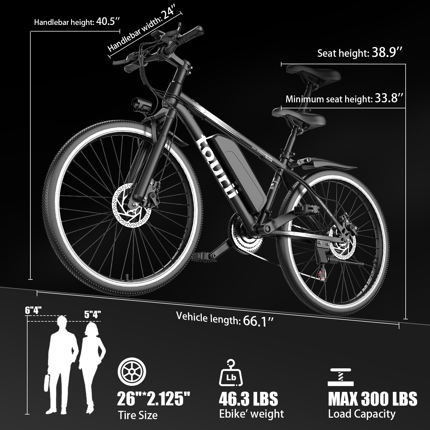 Tourii G26 Black 26-Inch High-Carbon Steel Frame Electric Bike