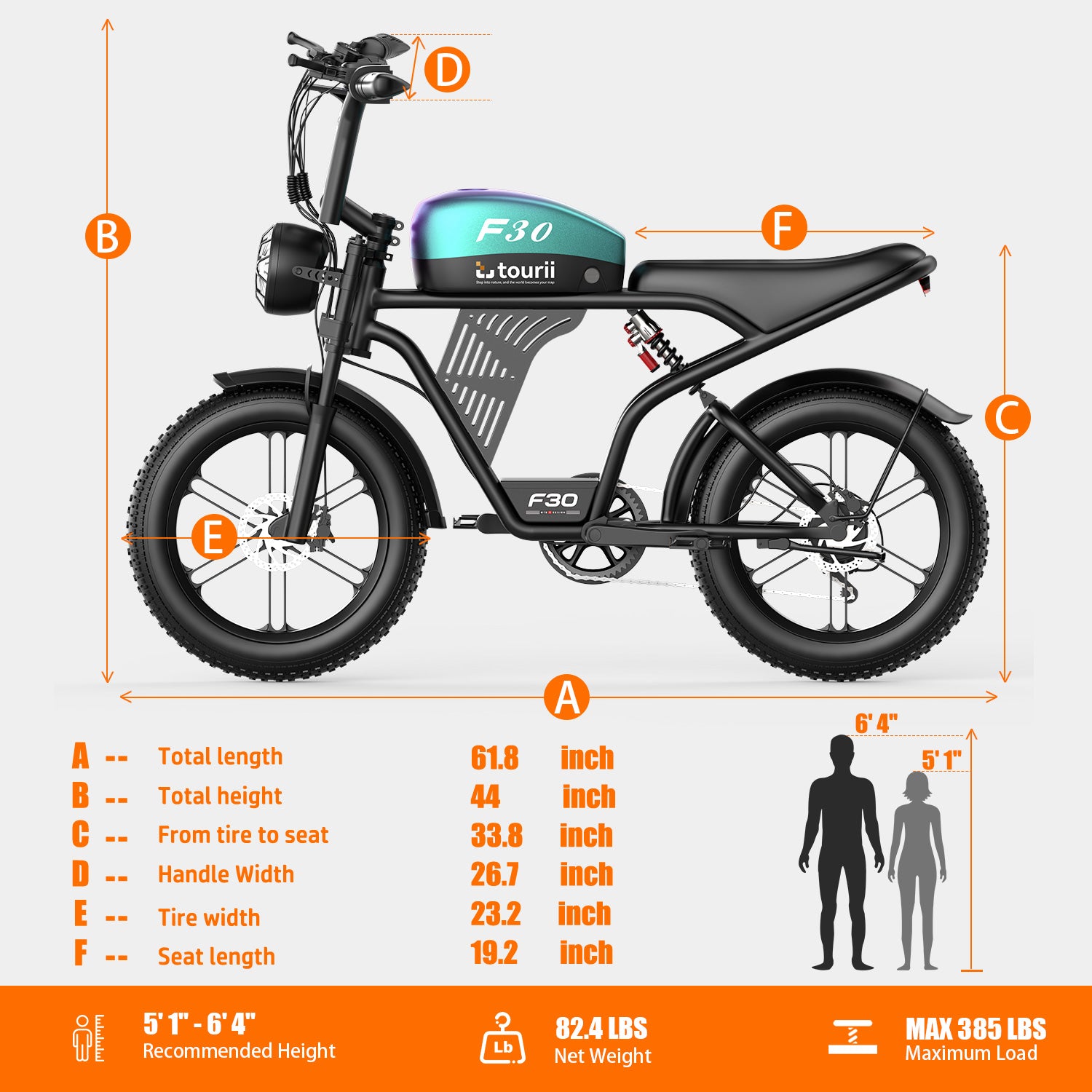 Tourii F30 20 inch adult electric bicycle, peak 1500W, LCD instrument all terrain off-road electric vehicle, suitable for mountains, snow, sand and highways