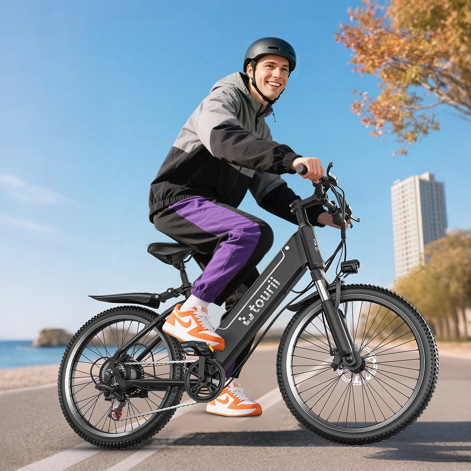 Tourii F26 Adult electric bike, electric mountain bike 1500W peak electric lightweight, 450Wh detachable battery, 25 mph 35 mph, 26 inch all terrain, 7-speed and front suspension