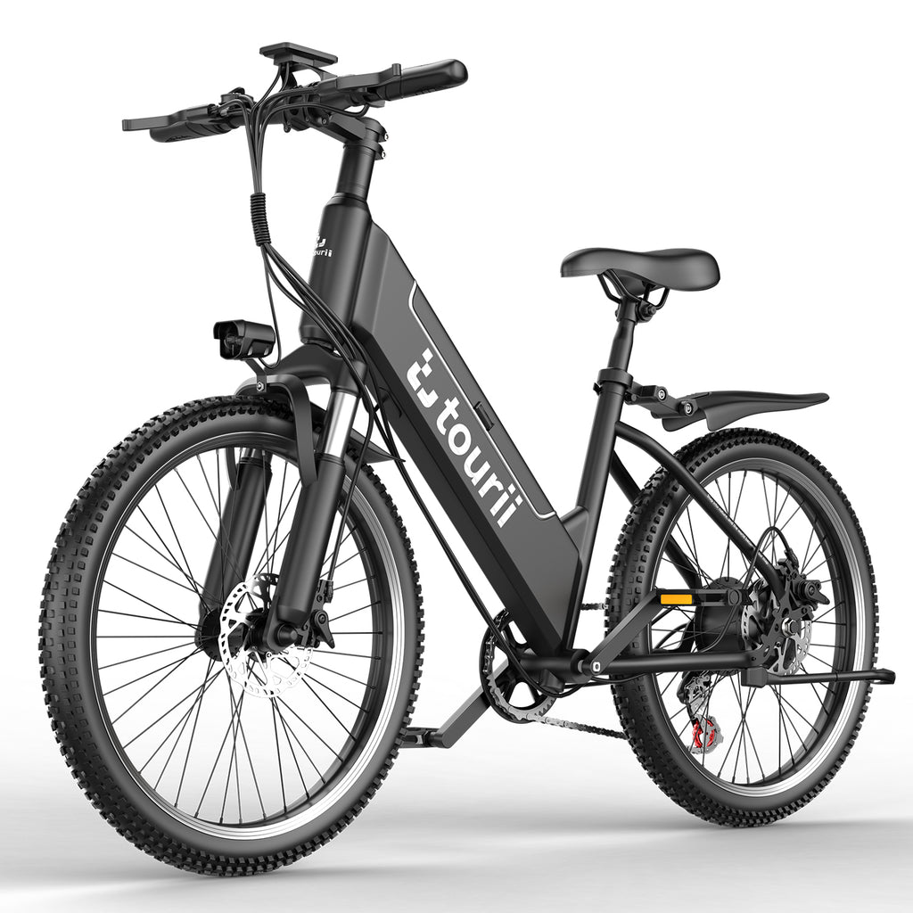 Tourii F26 Adult electric bike, electric mountain bike 1500W peak electric lightweight, 450Wh detachable battery, 25 mph 35 mph, 26 inch all terrain, 7-speed and front suspension